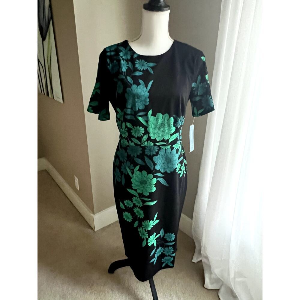 NWT London Times black & green floral sheath dress size 10 - Picture 2 of 8